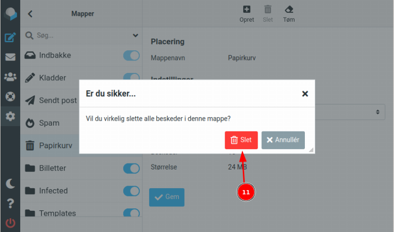 tryk slet når du har valgt papirkurv