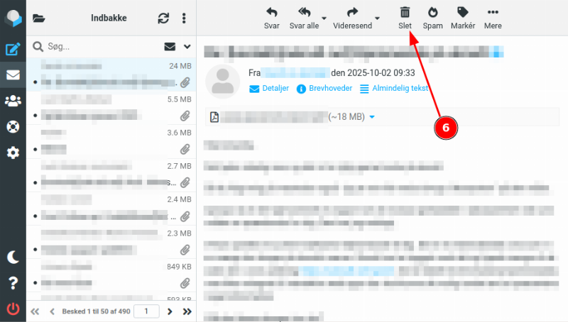 vælg mail og tryk slet