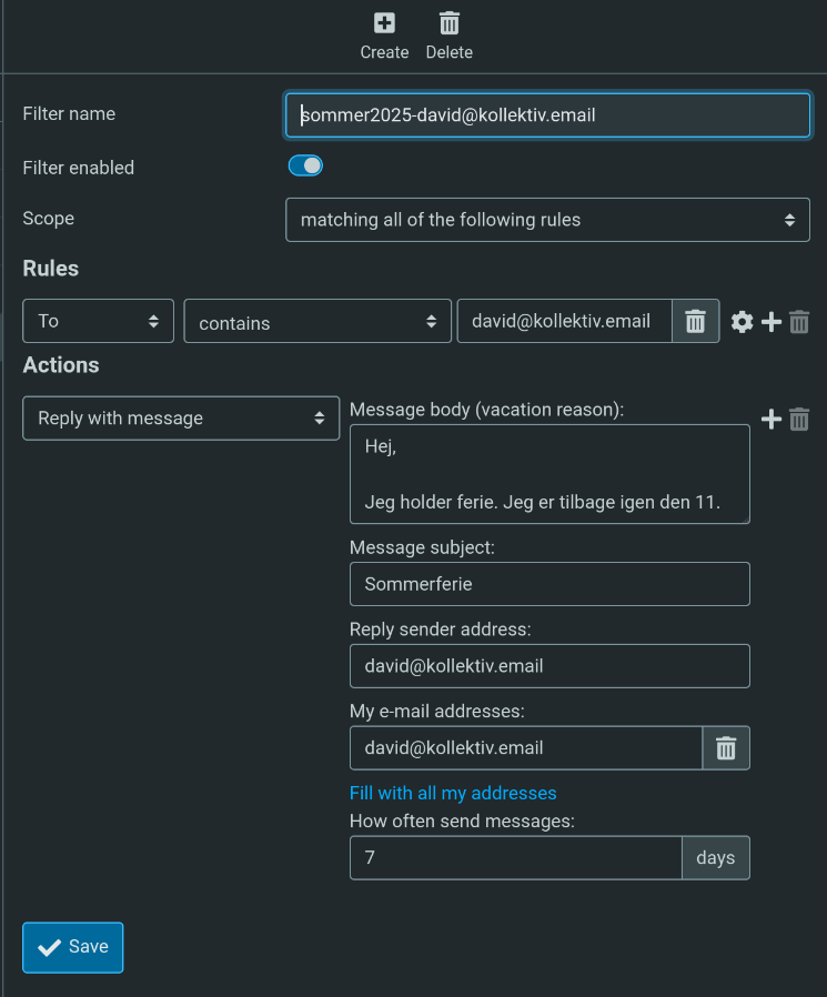 billede af en udfyldt ferie-filter-form. det vigtige er at skrive den adresse du vil lave ferie-svar fra i både filterets regel i <code>Reply sender address</code> og <code>My e-mail addresses</code>